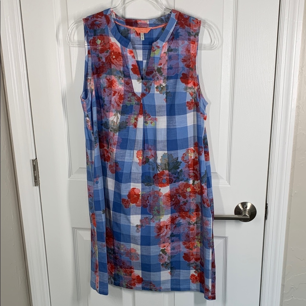 Joules blue and white checked print with red floral cotton linen dress size 8